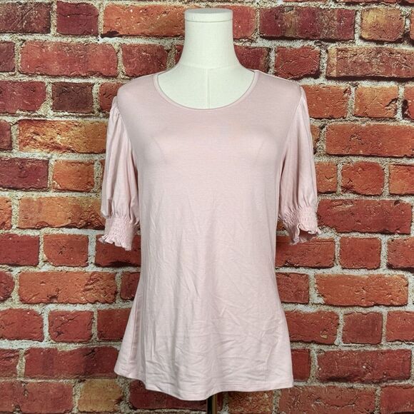 TAHARI Blush Pink Chiffon Puff Sleeve‎ Blouse Size Small Soft Stretch EUC - Picture 1 of 12
